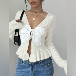 Fashion Nova Cream Cardigan with Butterfly Accent
